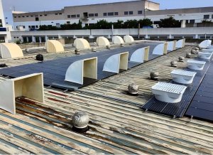 Rooftop exhaust fans installed on a building