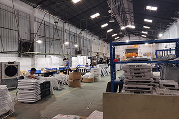 Production and warehouse hall with stacked materials